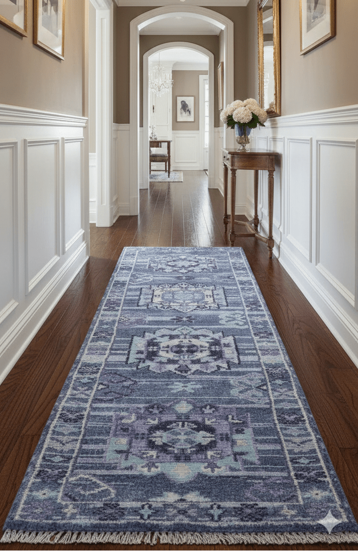 Hand knotted 2.6x8 Purple transitional geometrical Design Wool Area Rug