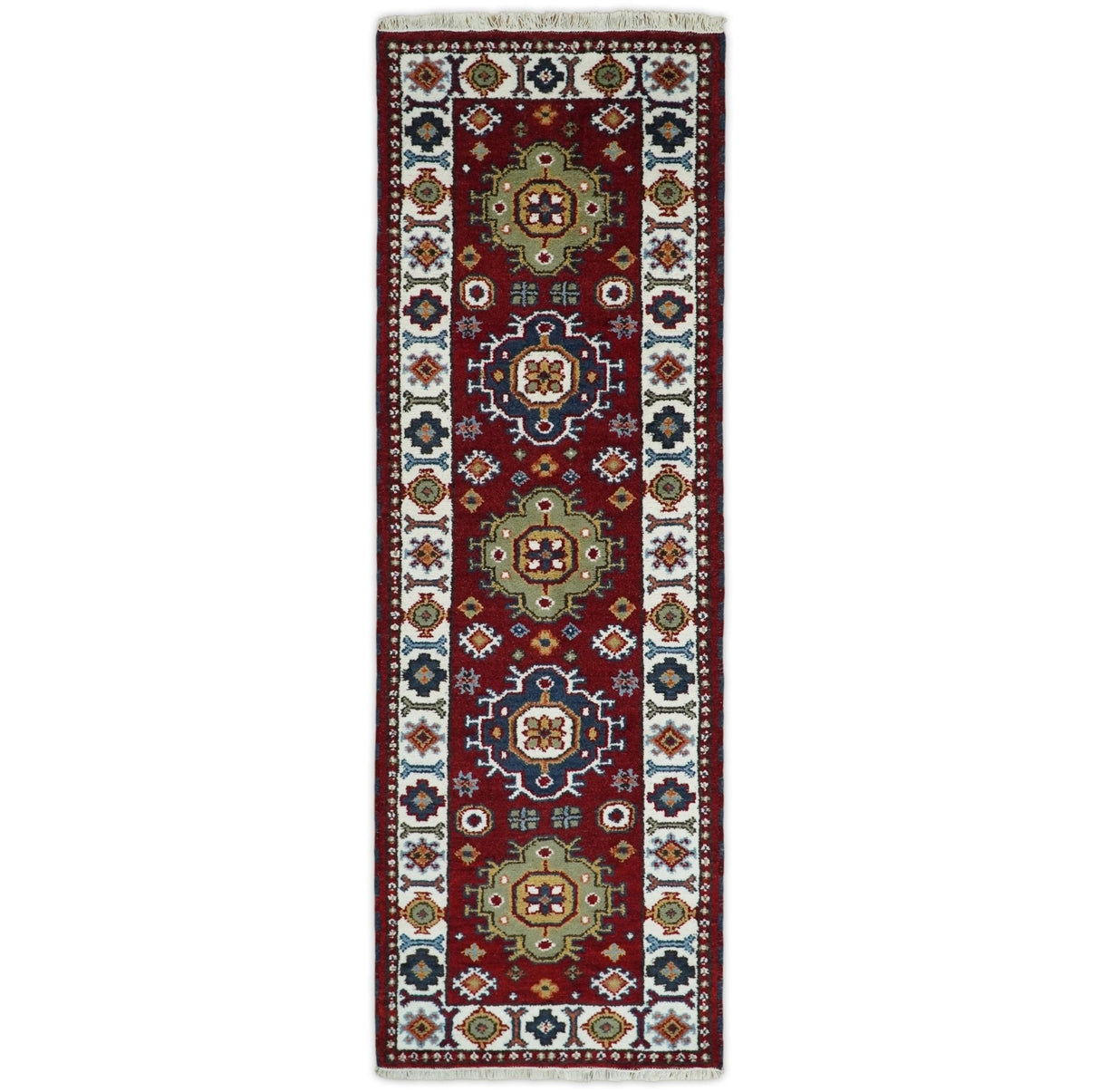 Hand Knotted 2.6x8 Traditional Kazak Red and Ivory Wool Rug