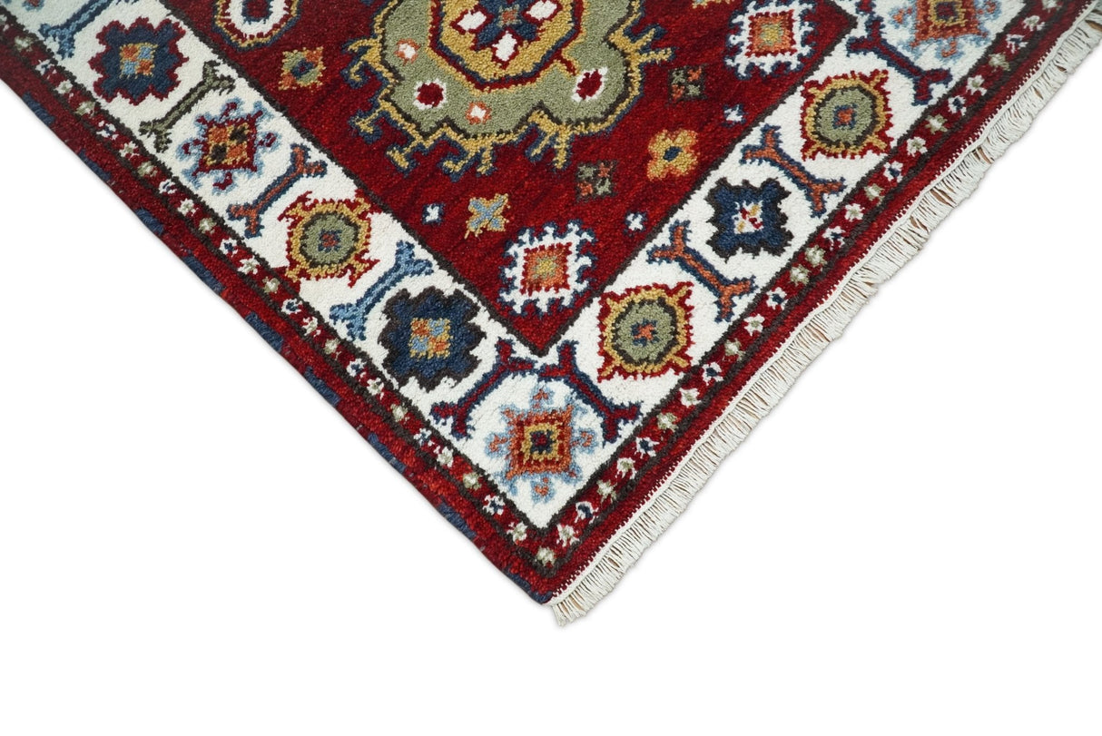 Hand Knotted 2.6x8 Traditional Kazak Red and Ivory Wool Rug