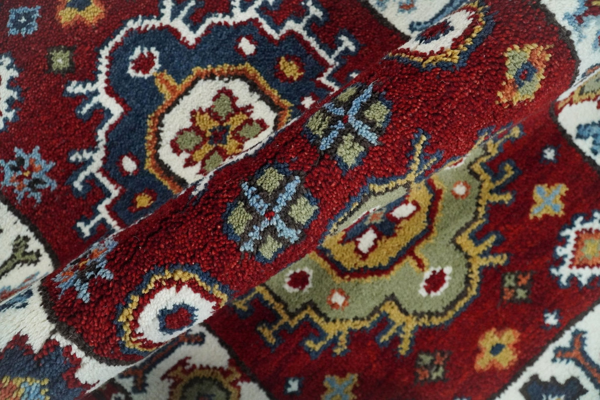 Hand Knotted 2.6x8 Traditional Kazak Red and Ivory Wool Rug