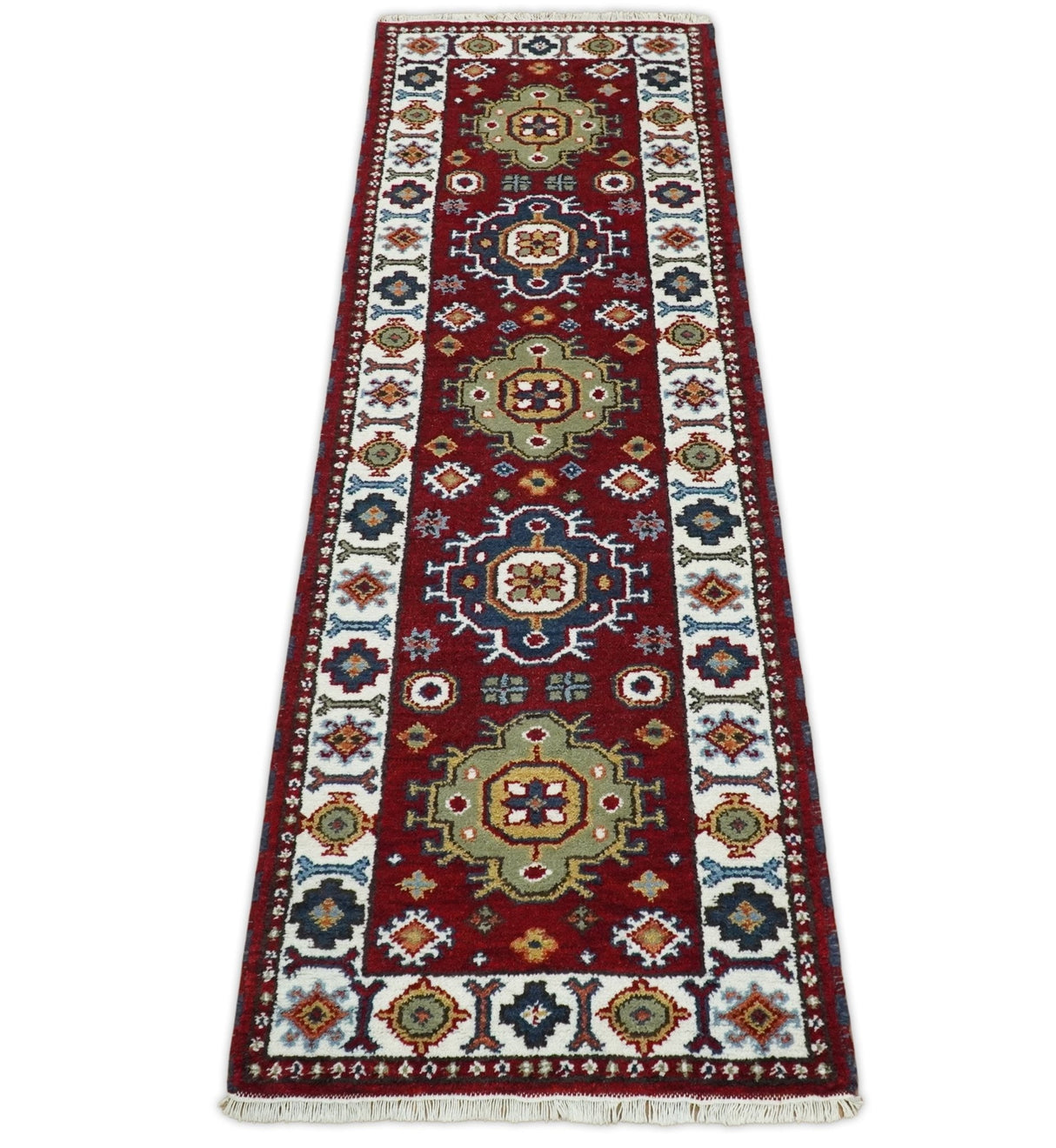 Hand Knotted 2.6x8 Traditional Kazak Red and Ivory Wool Rug