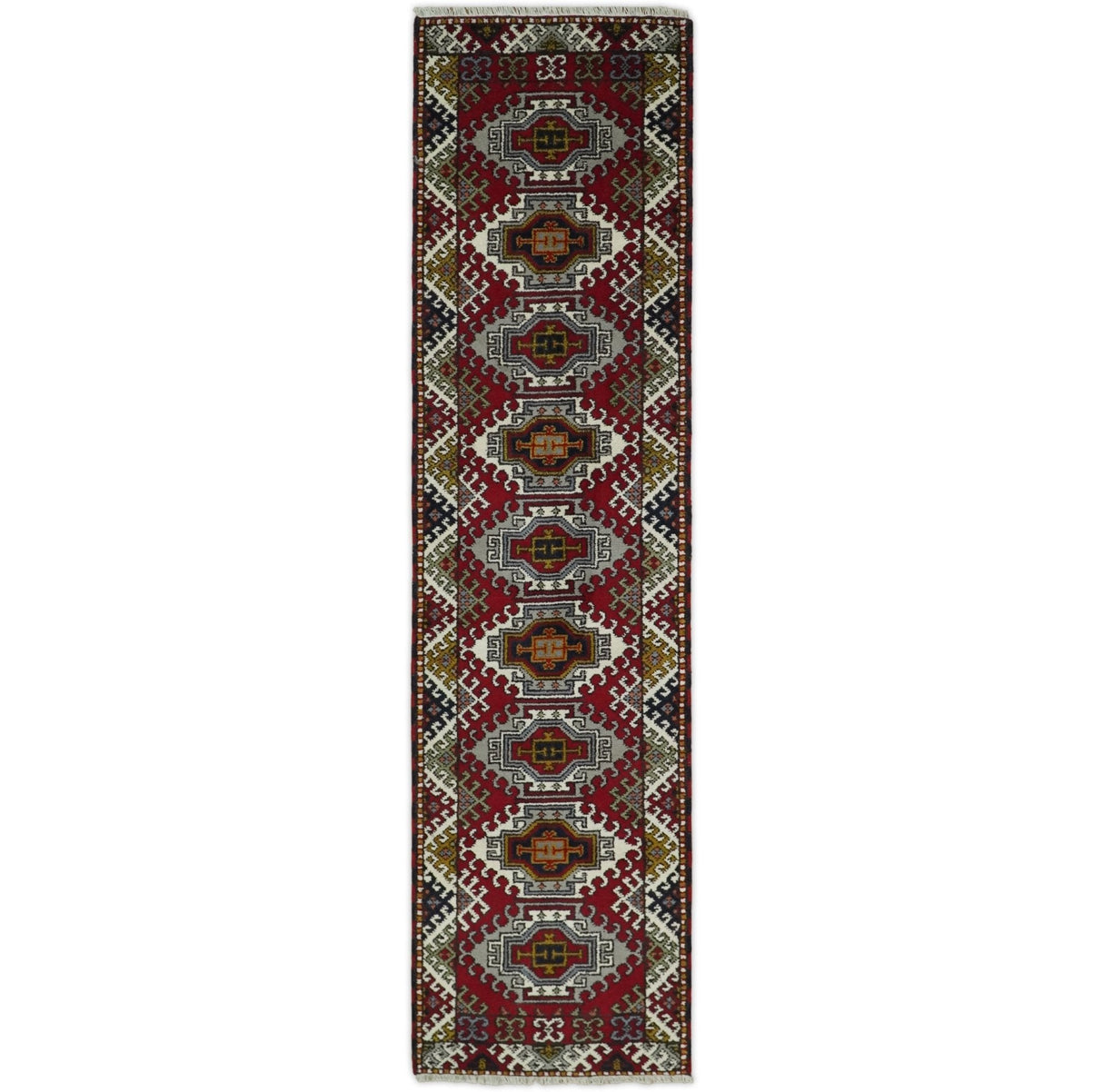 Hand Knotted 2.8x10 Traditional Kazak Ivory and Red Wool Area Rug