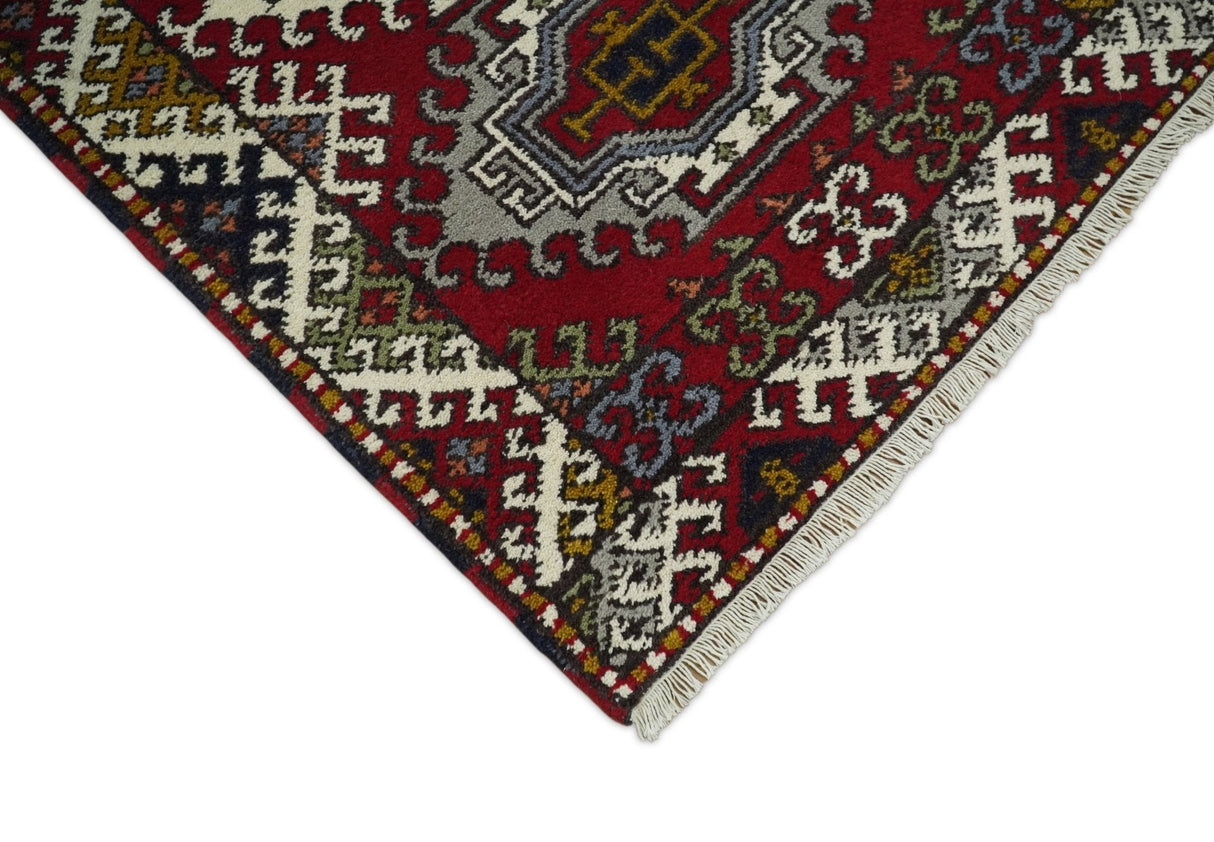 Hand Knotted 2.8x10 Traditional Kazak Ivory and Red Wool Area Rug