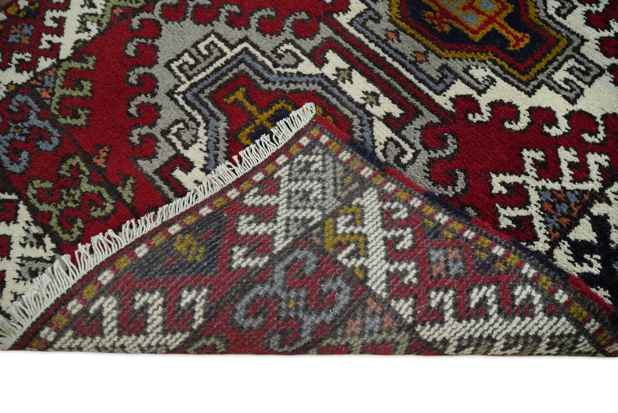 Hand Knotted 2.8x10 Traditional Kazak Ivory and Red Wool Area Rug