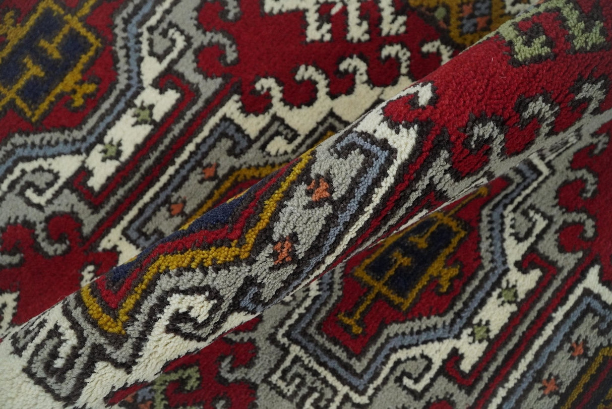 Hand Knotted 2.8x10 Traditional Kazak Ivory and Red Wool Area Rug