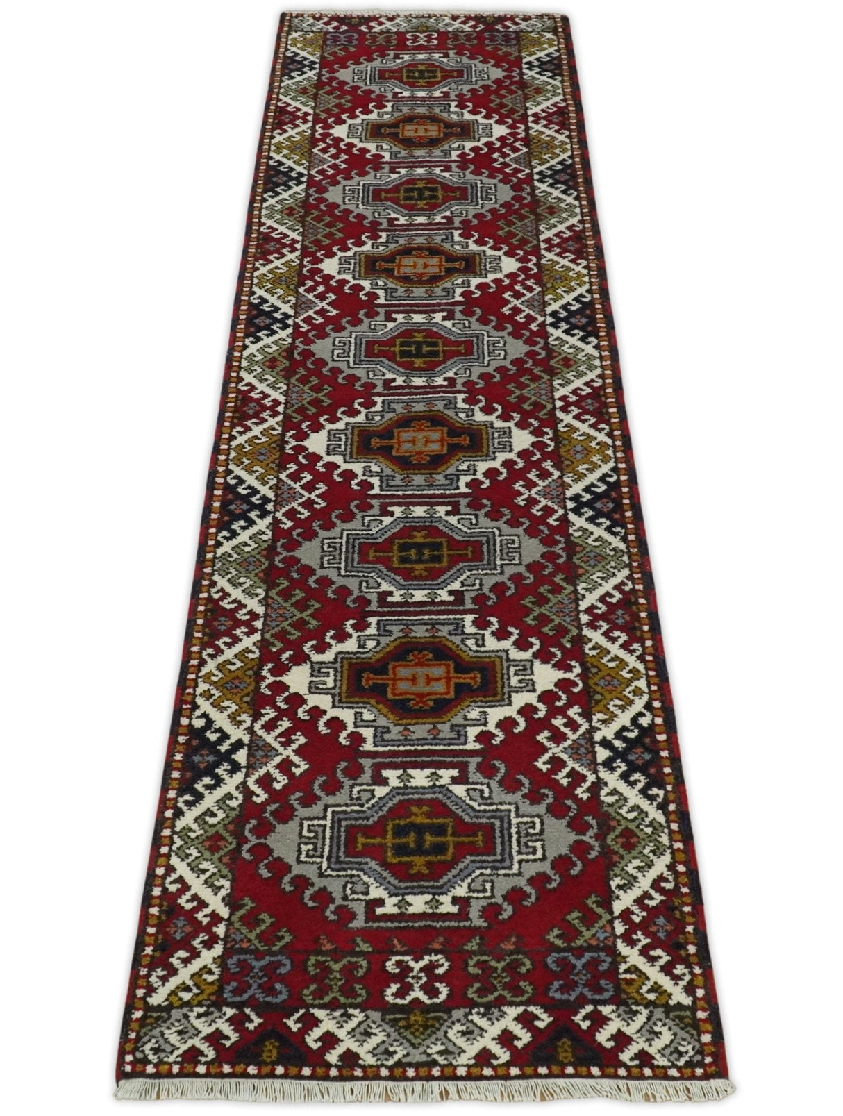 Hand Knotted 2.8x10 Traditional Kazak Ivory and Red Wool Area Rug