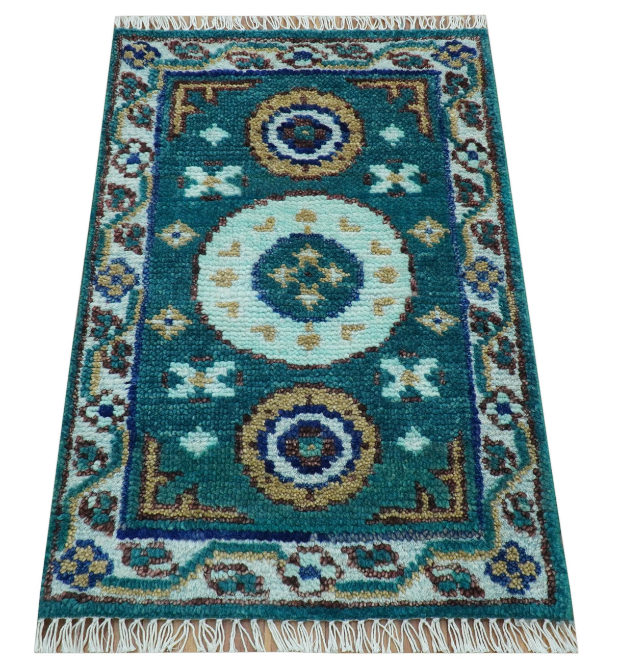 Hand knotted 2x3 Teal Traditional Khotan Design Wool Area Rug