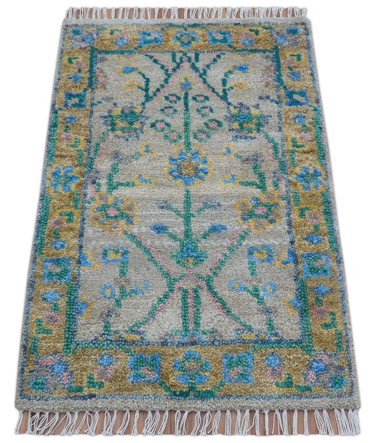 Hand Knotted 2x3 Traditional Design Gray And Green Wool Area Rug