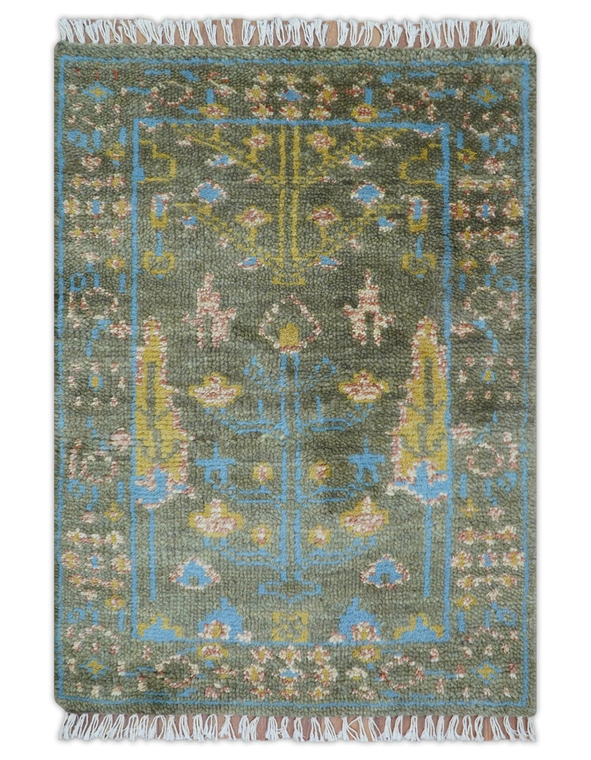 Hand Knotted 2x3 Traditional Tree of life Olive Wool Area Rug