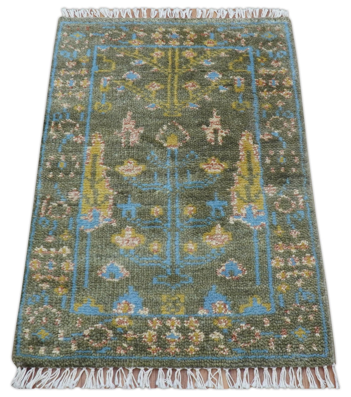 Hand Knotted 2x3 Traditional Tree of life Olive Wool Area Rug