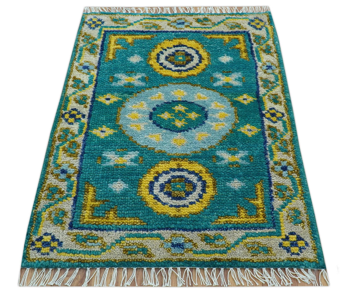 Hand knotted 2x3 Yellow And Teal Traditional Khotan Design Wool Area Rug