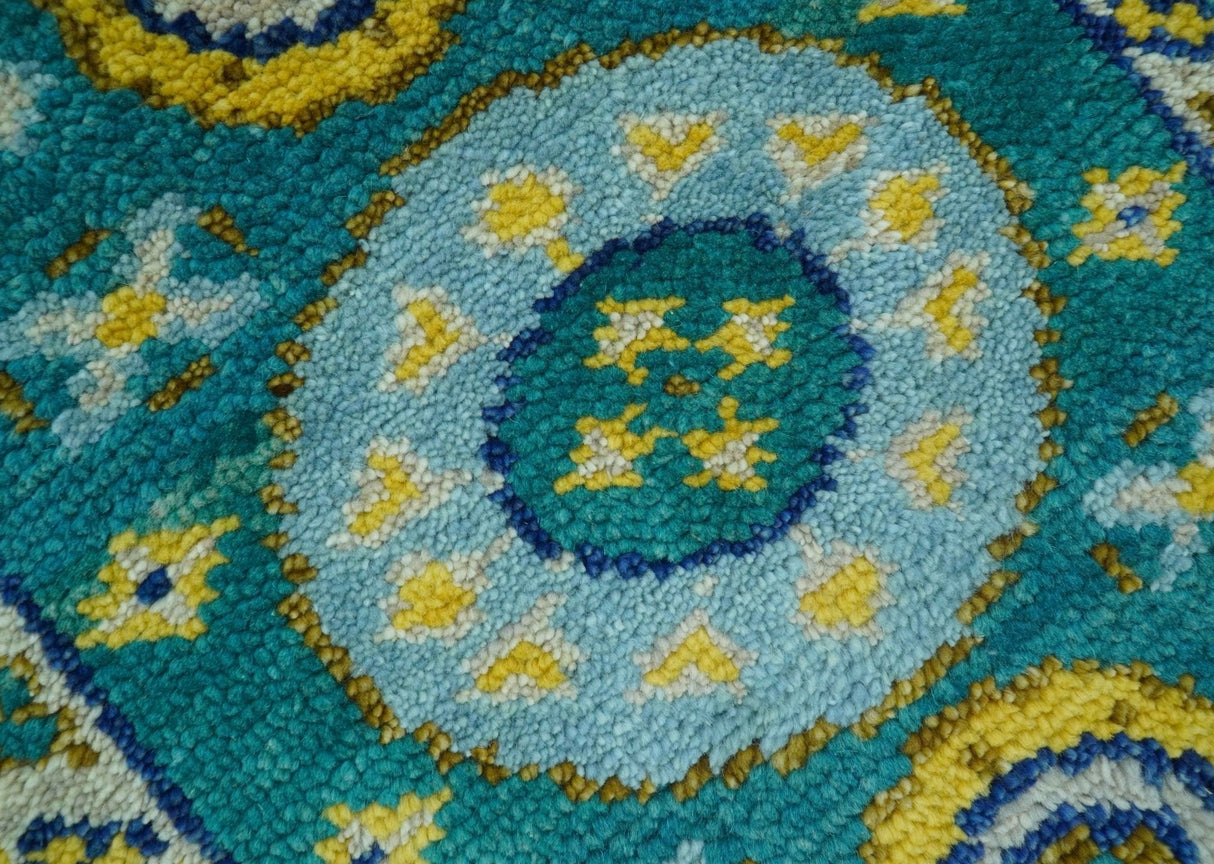 Hand knotted 2x3 Yellow And Teal Traditional Khotan Design Wool Area Rug