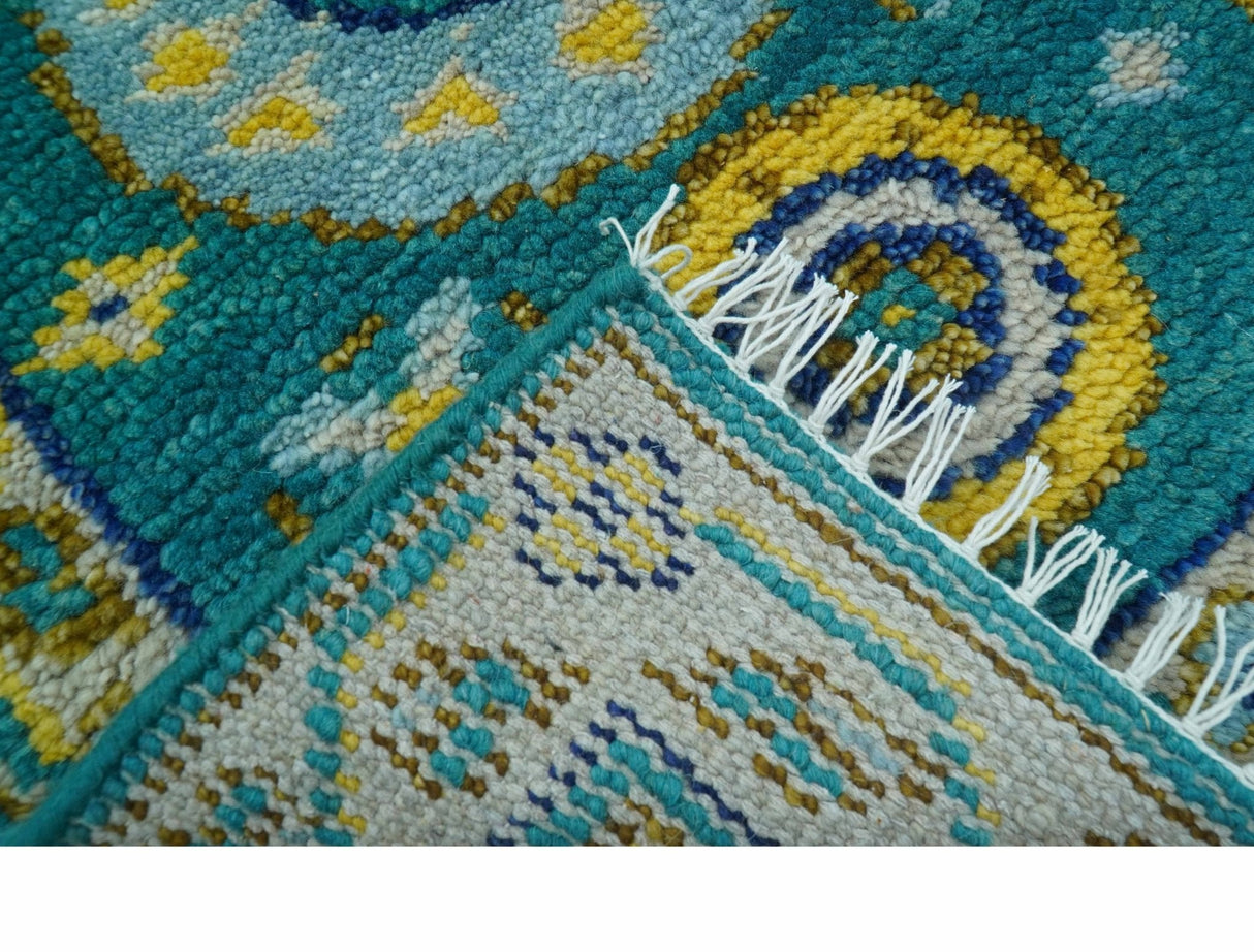 Hand knotted 2x3 Yellow And Teal Traditional Khotan Design Wool Area Rug