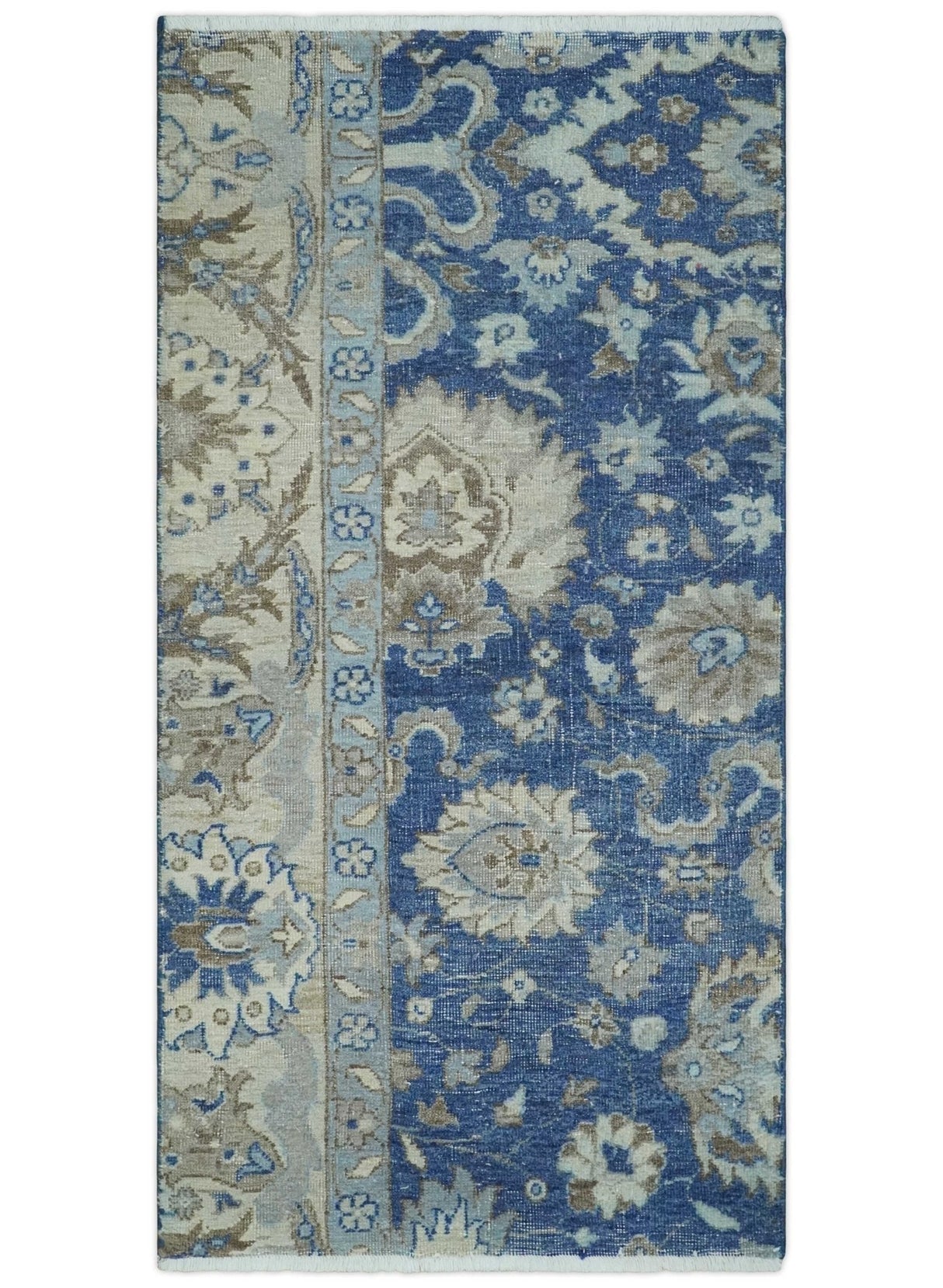 Hand Knotted 2x4 Blue and Beige Traditional Oxidized Textured Persian Wool Rug