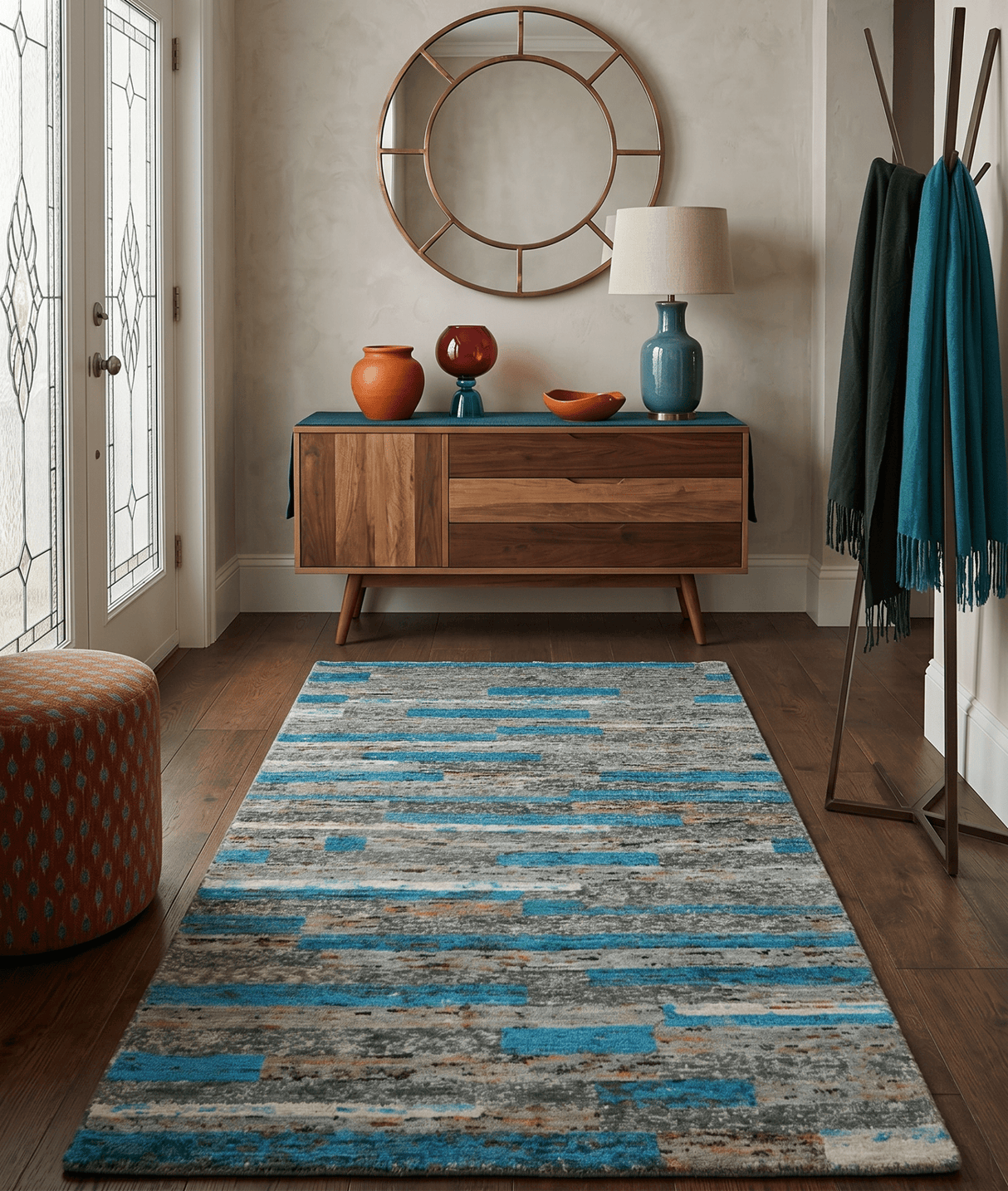 Hand Knotted 4.5x6.5 Gray, Ivory and Blue Modern Abstract Recycled Silk Area Rug