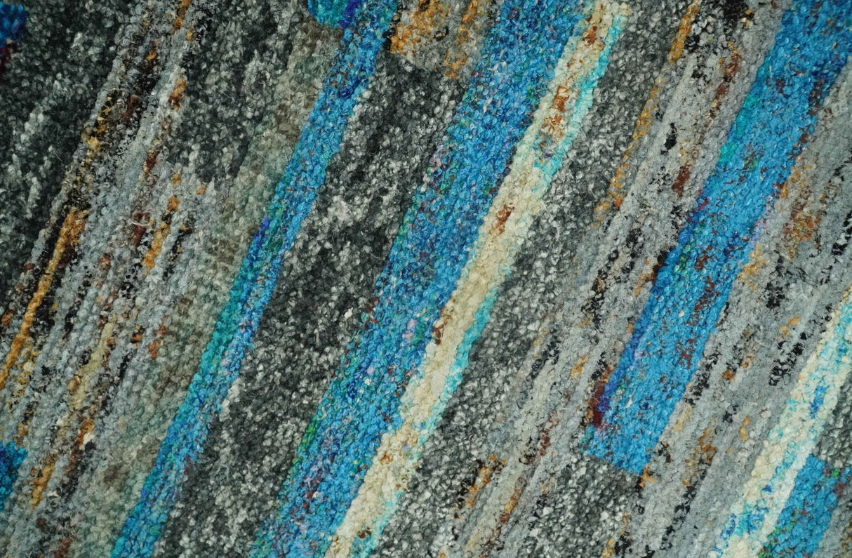 Hand Knotted 4.5x6.5 Gray, Ivory and Blue Modern Abstract Recycled Silk Area Rug