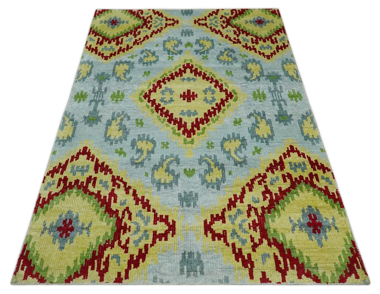 Hand Knotted 4.5x6.5 Silver, Mustard and Red Recycled Silk Area Rug