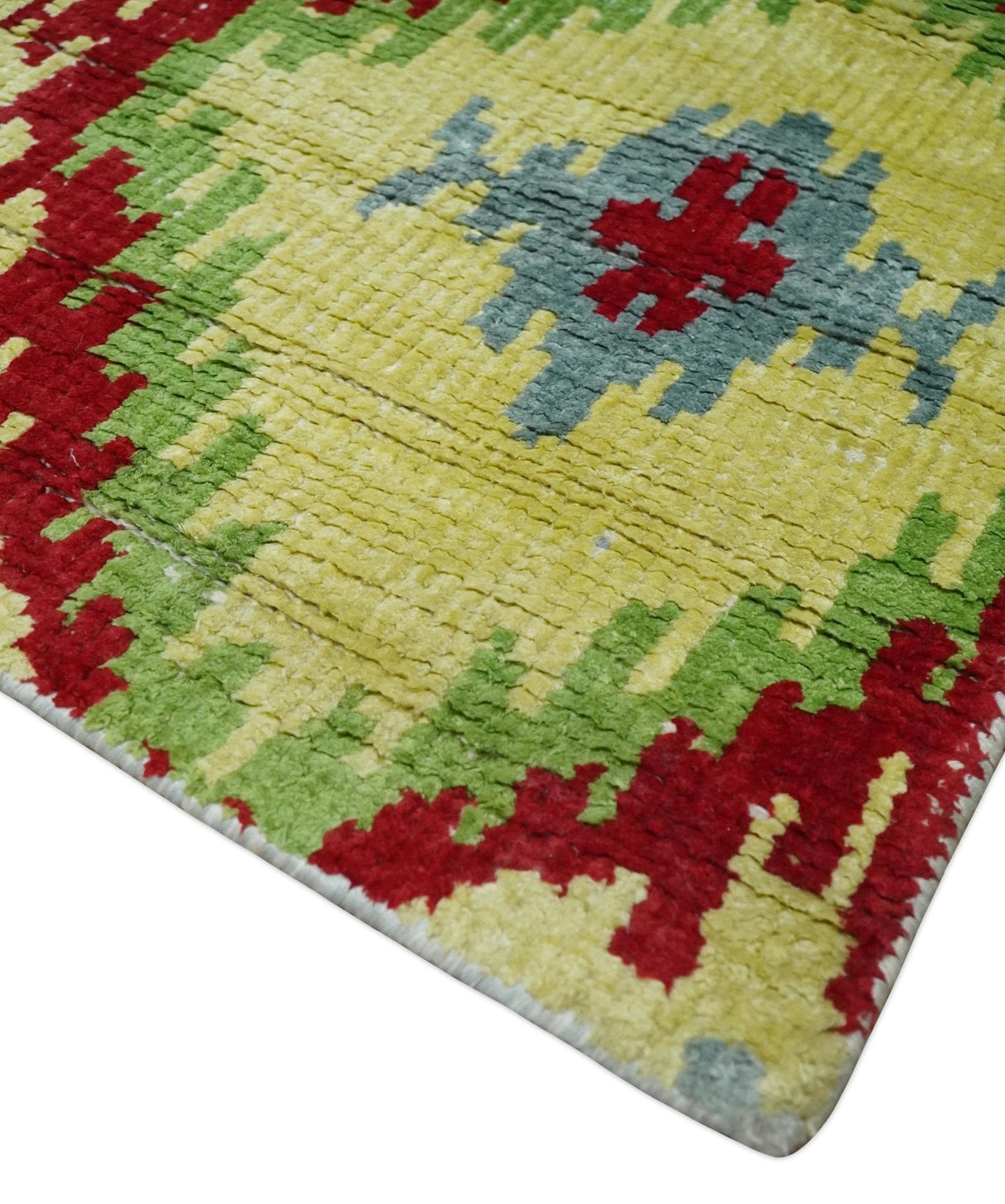 Hand Knotted 4.5x6.5 Silver, Mustard and Red Recycled Silk Area Rug