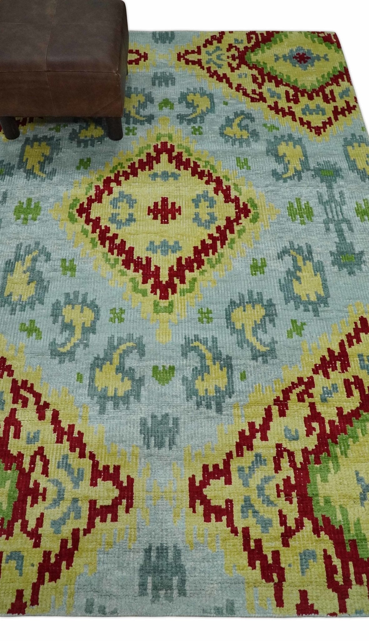 Hand Knotted 4.5x6.5 Silver, Mustard and Red Recycled Silk Area Rug