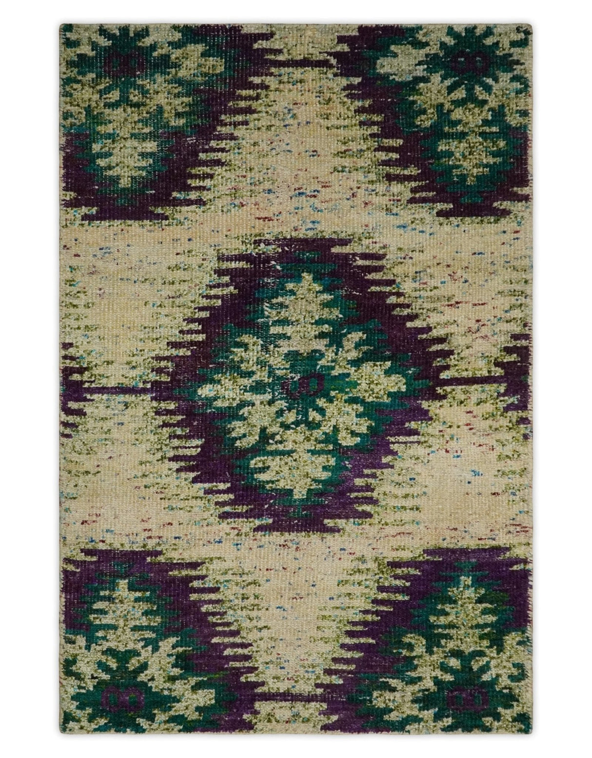 Hand Knotted 4x6 Beige and Green Persian Recycled Silk Area Rug