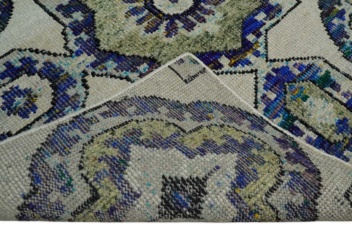 Hand Knotted 5x8 Beige, Blue and Olive Modern Style Recycled Silk Area Rug