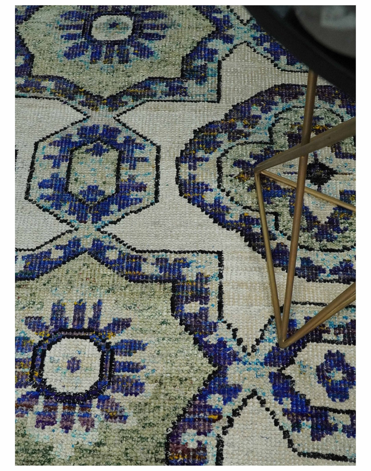 Hand Knotted 5x8 Beige, Violet and Olive Persian made of Recycled Silk Area Rug | OP98