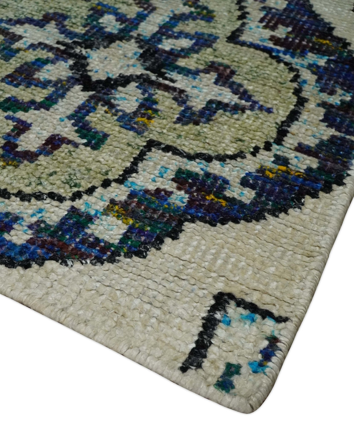 Hand Knotted 5x8 Beige, Violet and Olive Persian made of Recycled Silk Area Rug | OP98