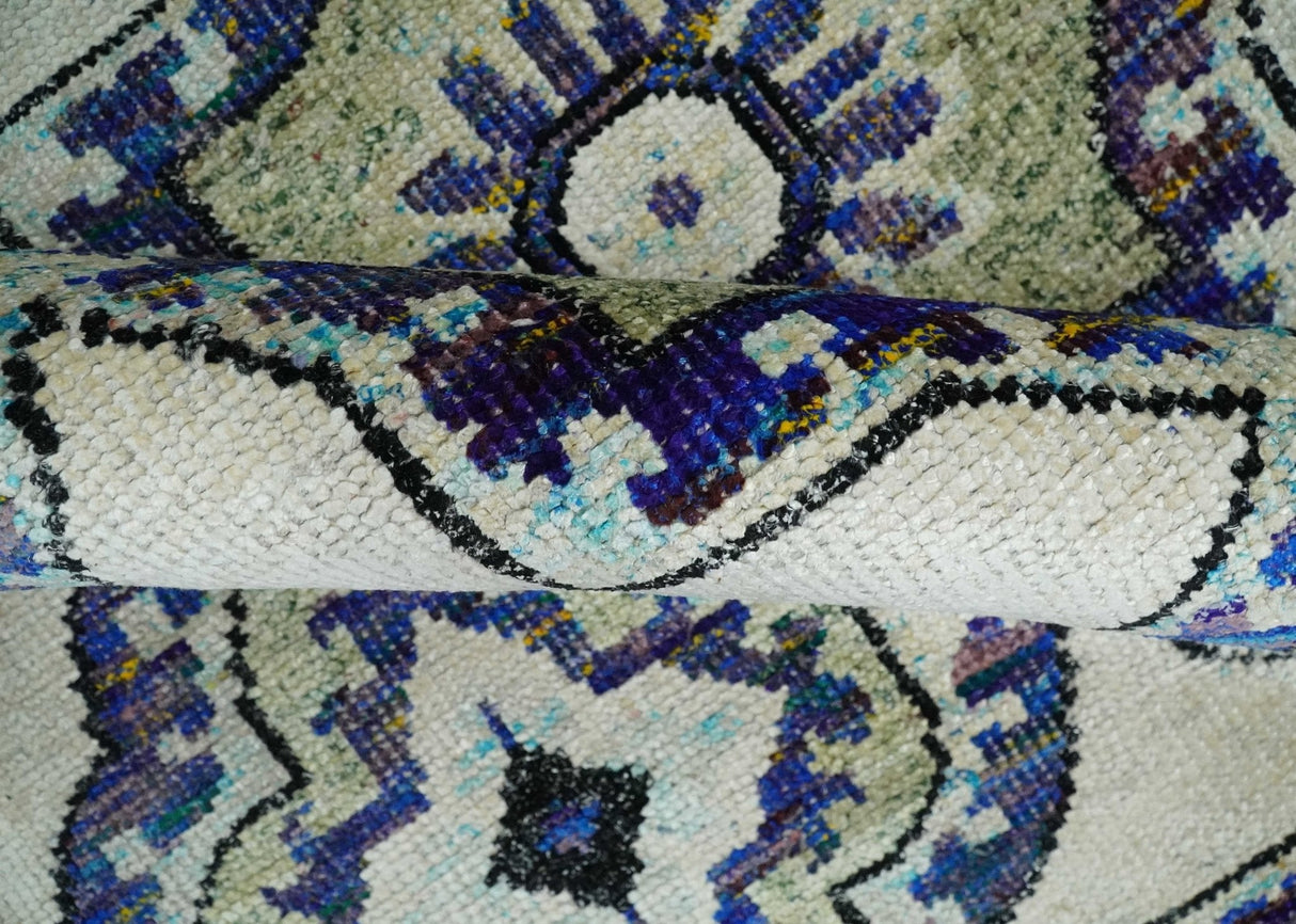 Hand Knotted 5x8 Beige, Violet and Olive Persian made of Recycled Silk Area Rug | OP98