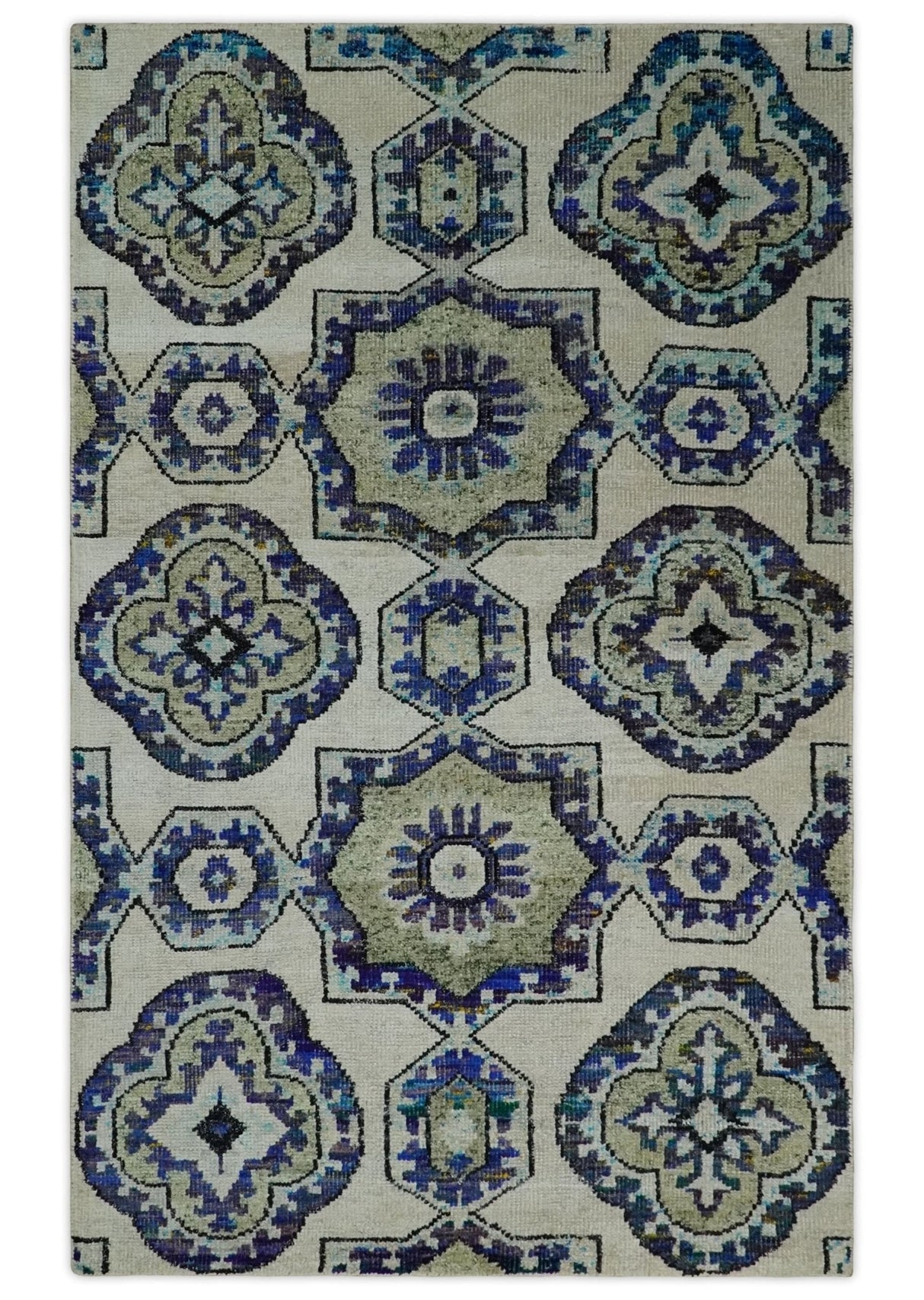 Hand Knotted 5x8 Beige, Violet and Olive Persian made of Recycled Silk Area Rug | OP98