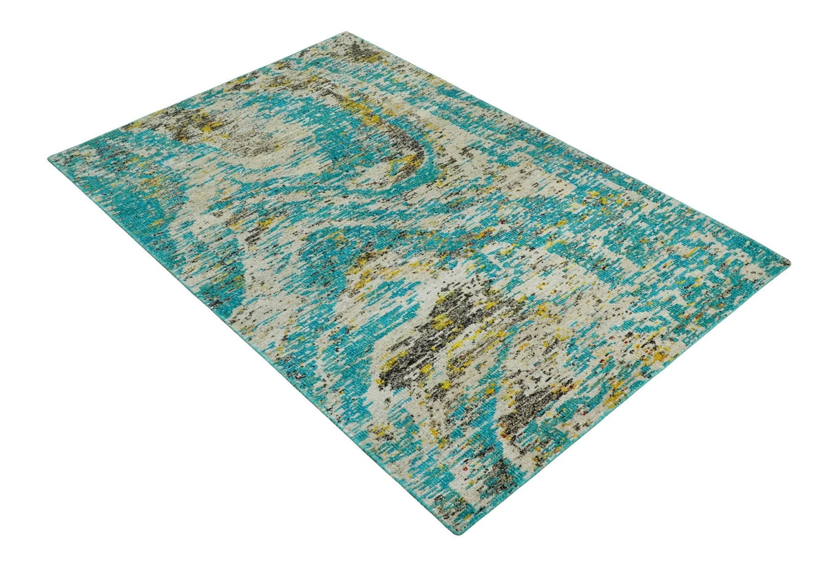 Hand Knotted 5x8 Blue, Ivory and Brown Modern Abstract Recycled Silk Area Rug