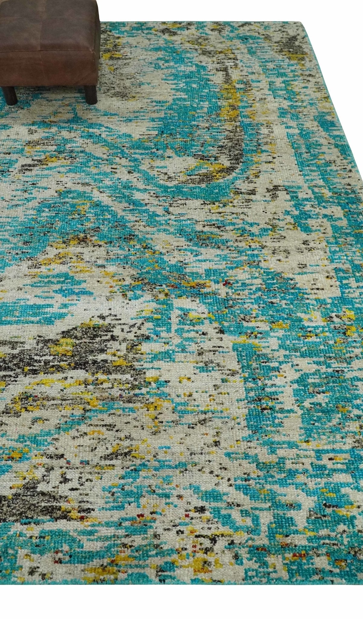 Hand Knotted 5x8 Blue, Ivory and Brown Modern Abstract Recycled Silk Area Rug
