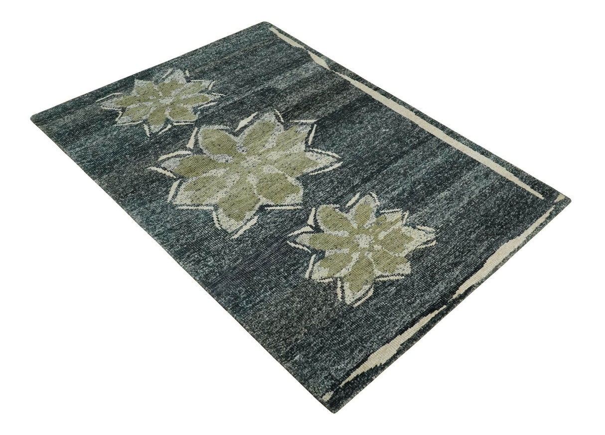 Hand Knotted 5x8 Charcoal and Olive Floral Design Recycled Silk Area Rug