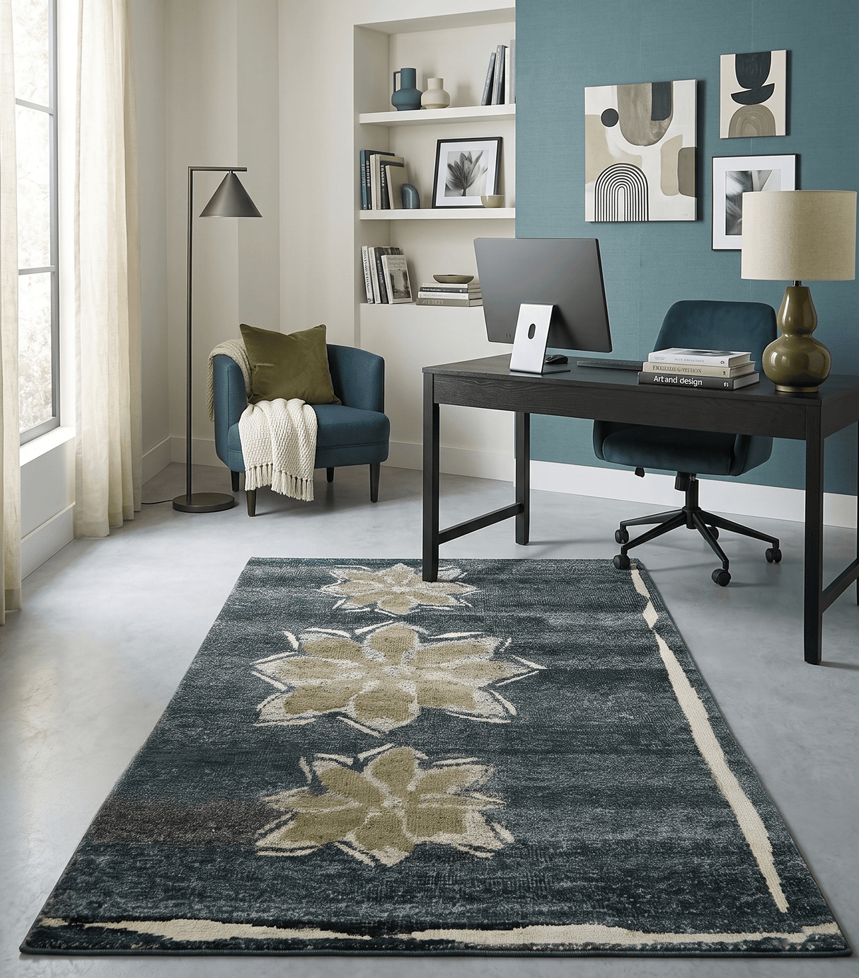Hand Knotted 5x8 Charcoal and Olive Floral Design Recycled Silk Area Rug