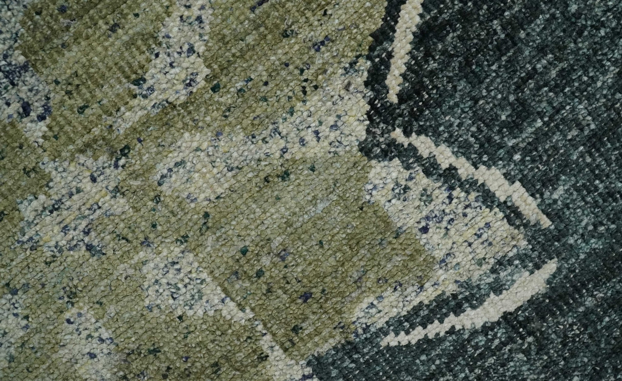 Hand Knotted 5x8 Charcoal and Olive Floral Design Recycled Silk Area Rug