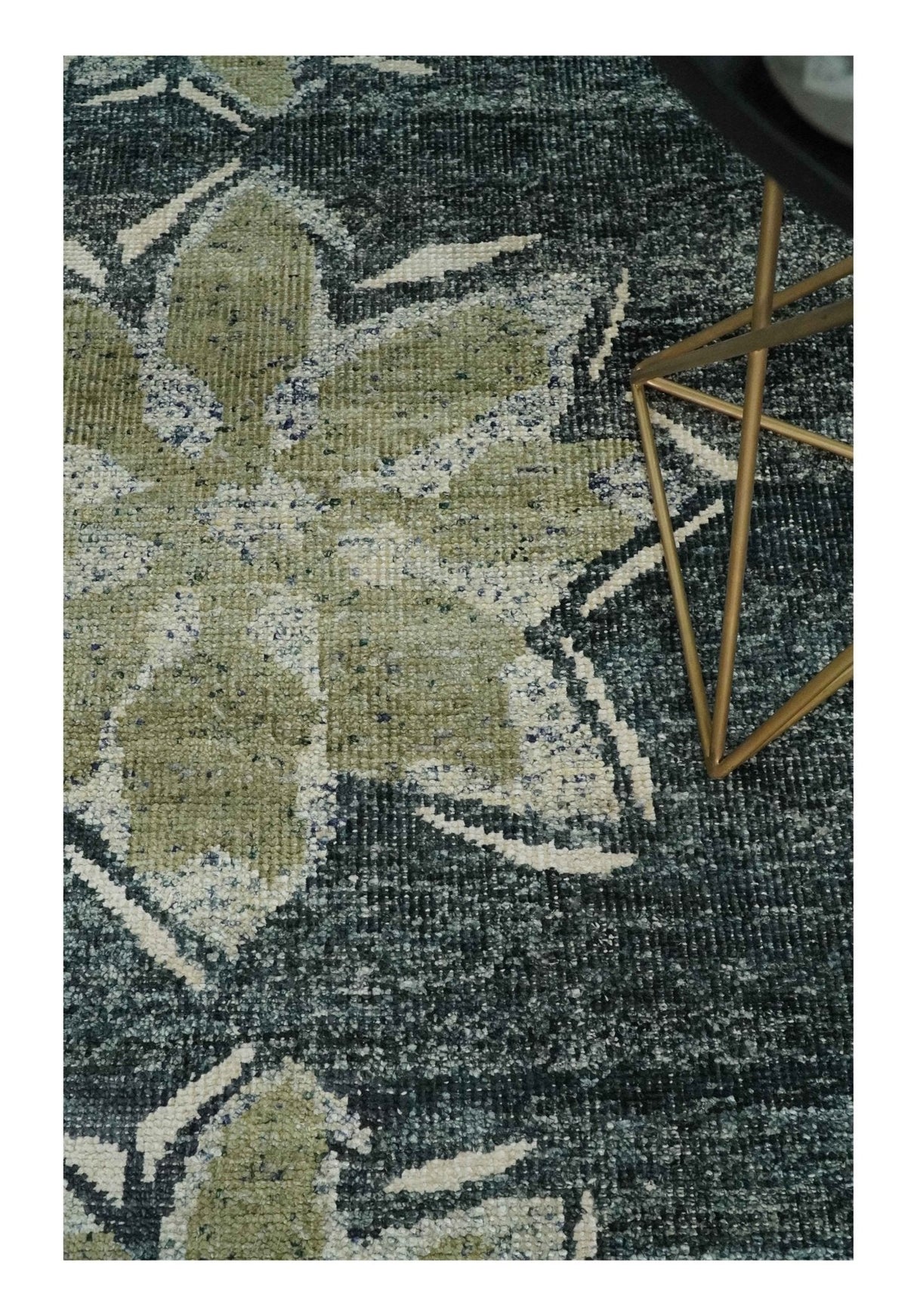 Hand Knotted 5x8 Charcoal and Olive Floral Design Recycled Silk Area Rug