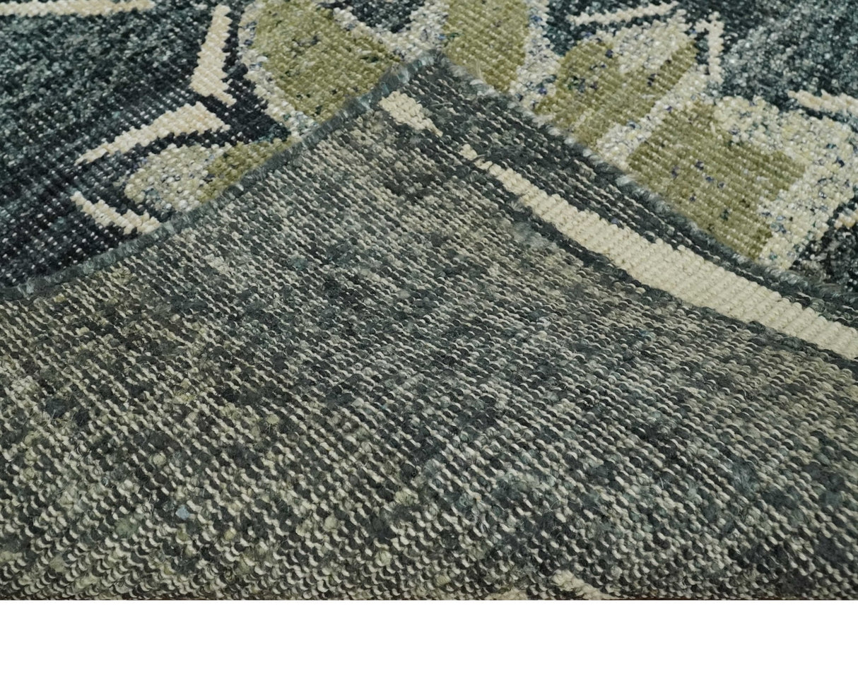 Hand Knotted 5x8 Charcoal and Olive Floral Design Recycled Silk Area Rug