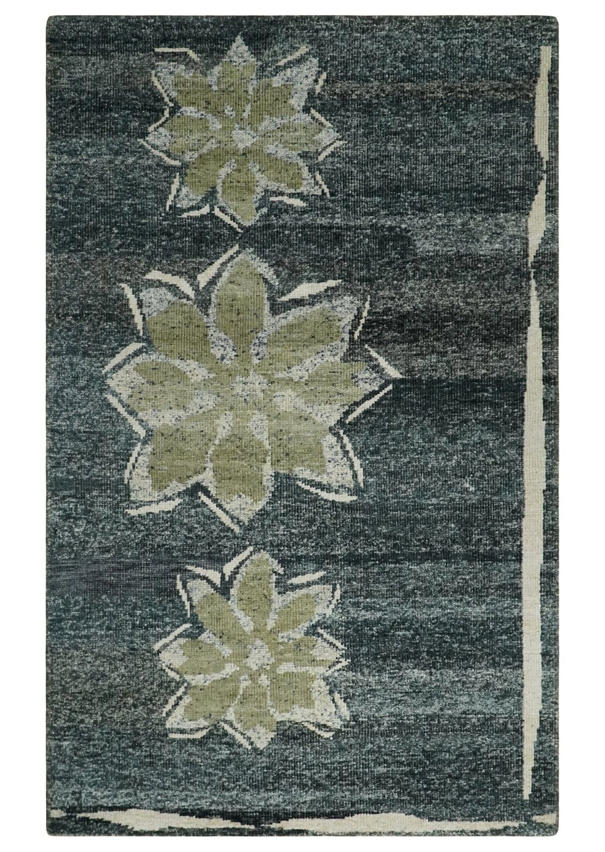 Hand Knotted 5x8 Charcoal and Olive Floral Design Recycled Silk Area Rug