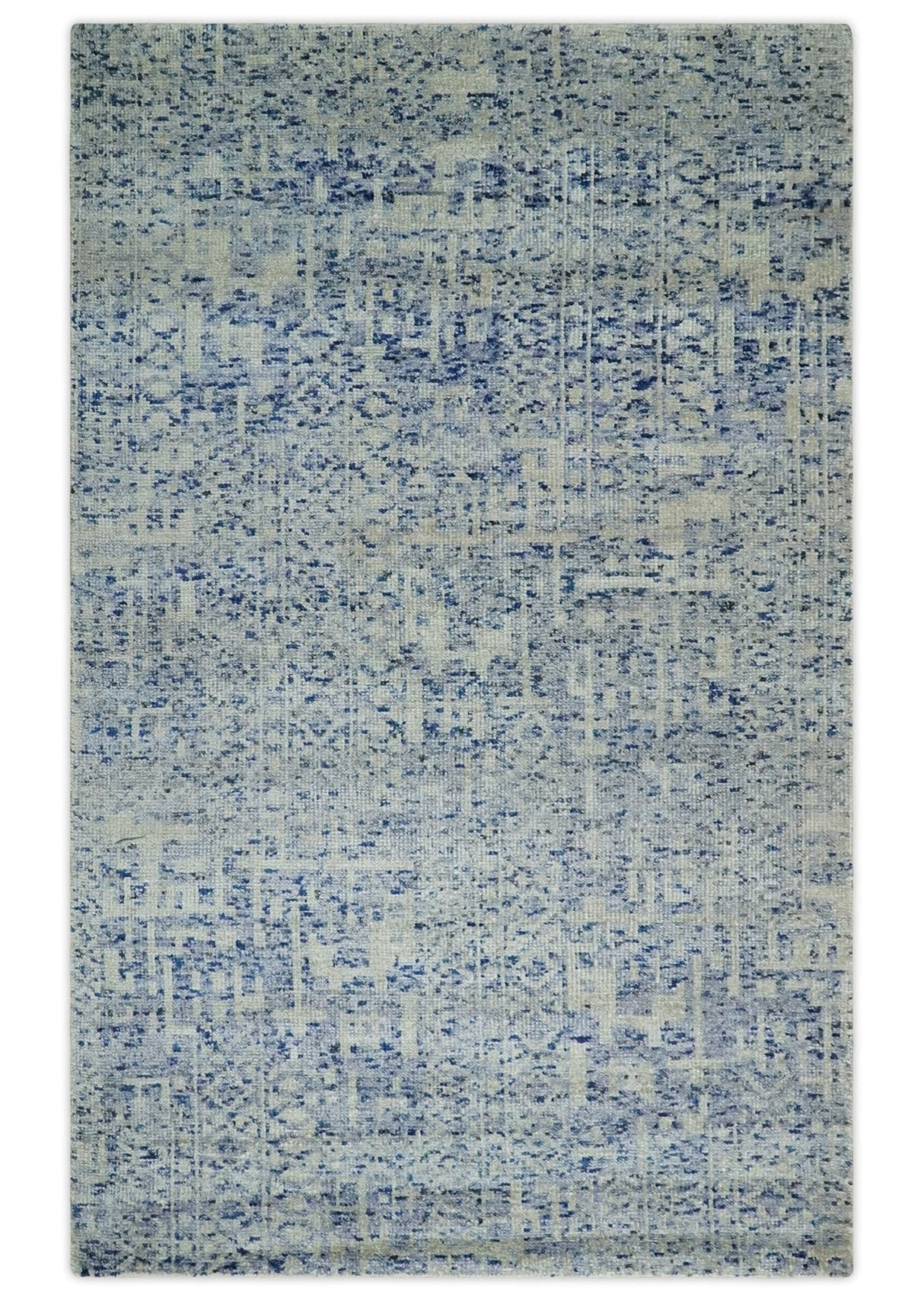 Hand Knotted 5x8 Ivory and Blue Modern Contemporary Recycled Silk Area Rug