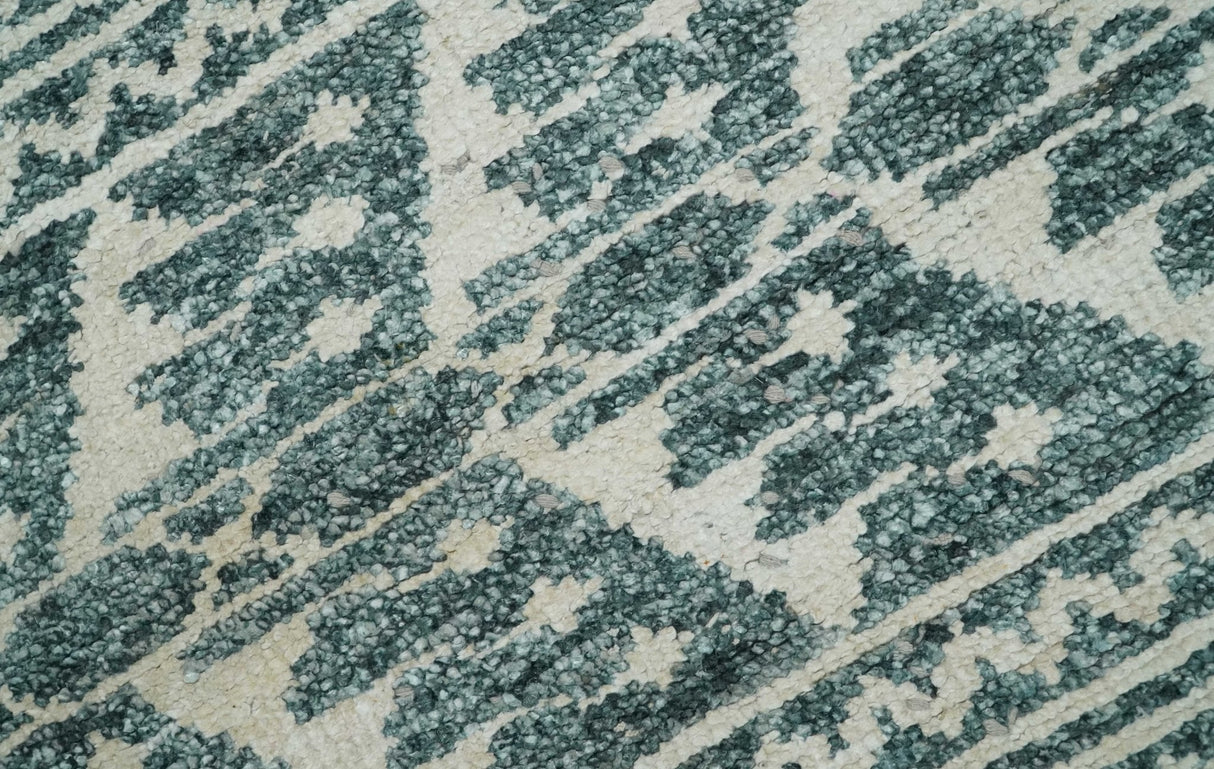 Hand Knotted 5x8 Ivory and Teal Modern Style Recycled Silk Area Rug
