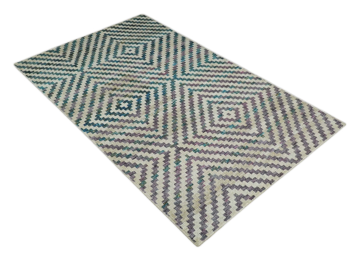 Hand Knotted 5x8 Ivory, Blue and Purple Geometric Style Bamboo Silk Area Rug