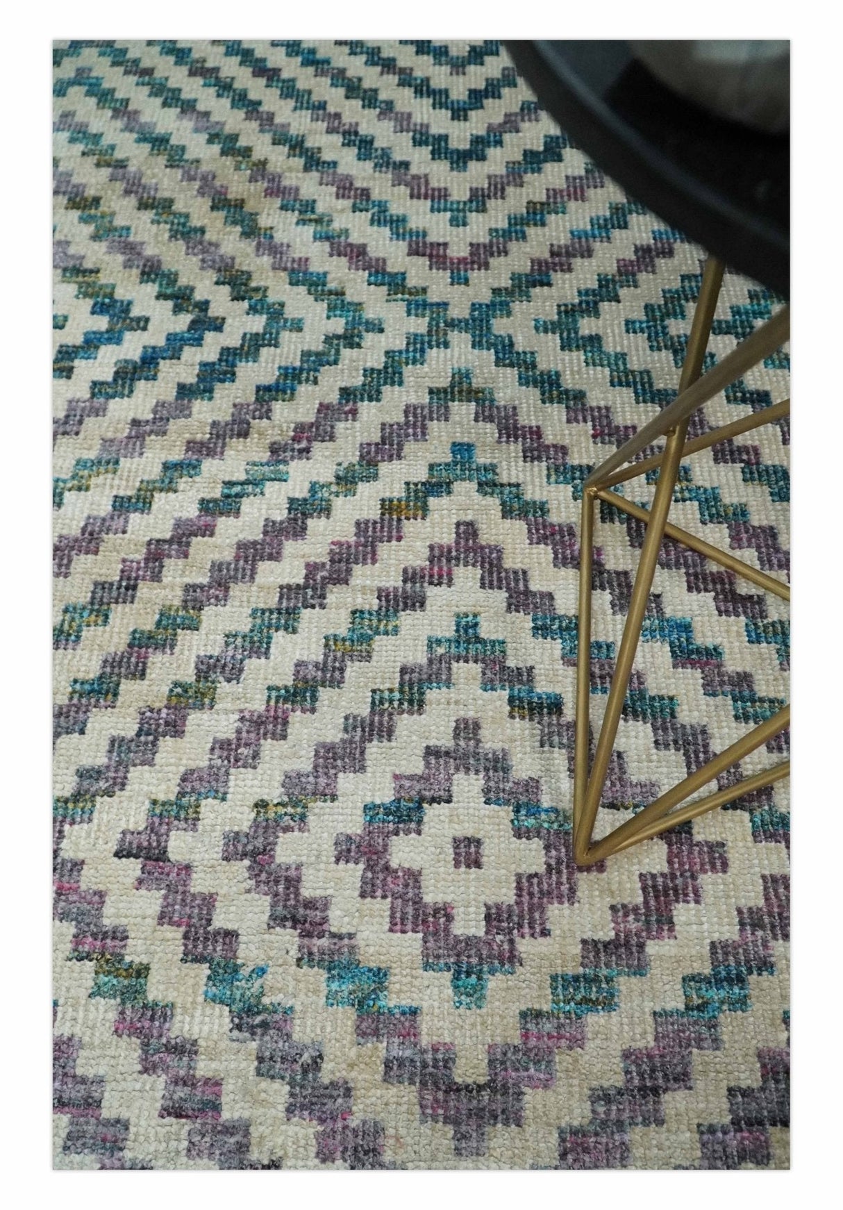 Hand Knotted 5x8 Ivory, Blue and Purple Geometric Style Bamboo Silk Area Rug