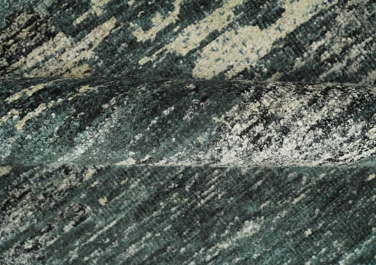 Hand Knotted 5x8 Ivory, moss green and Black Modern Abstract Recycled Silk Area Rug