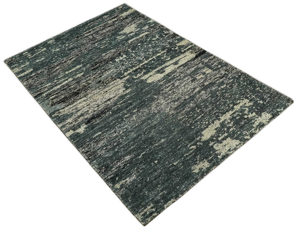 Hand Knotted 5x8 Ivory, moss green and Black Modern Abstract Recycled Silk Area Rug