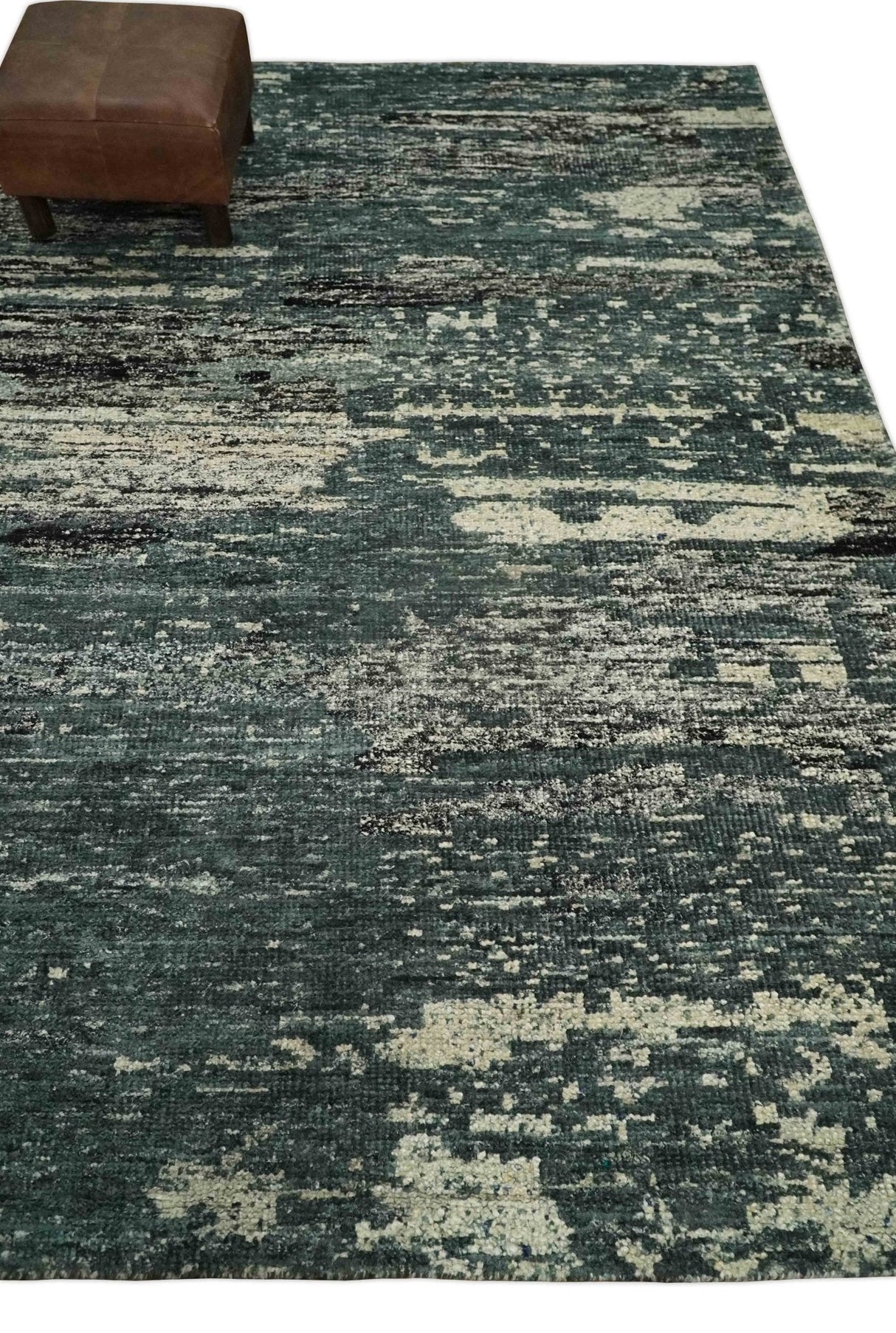 Hand Knotted 5x8 Ivory, moss green and Black Modern Abstract Recycled Silk Area Rug