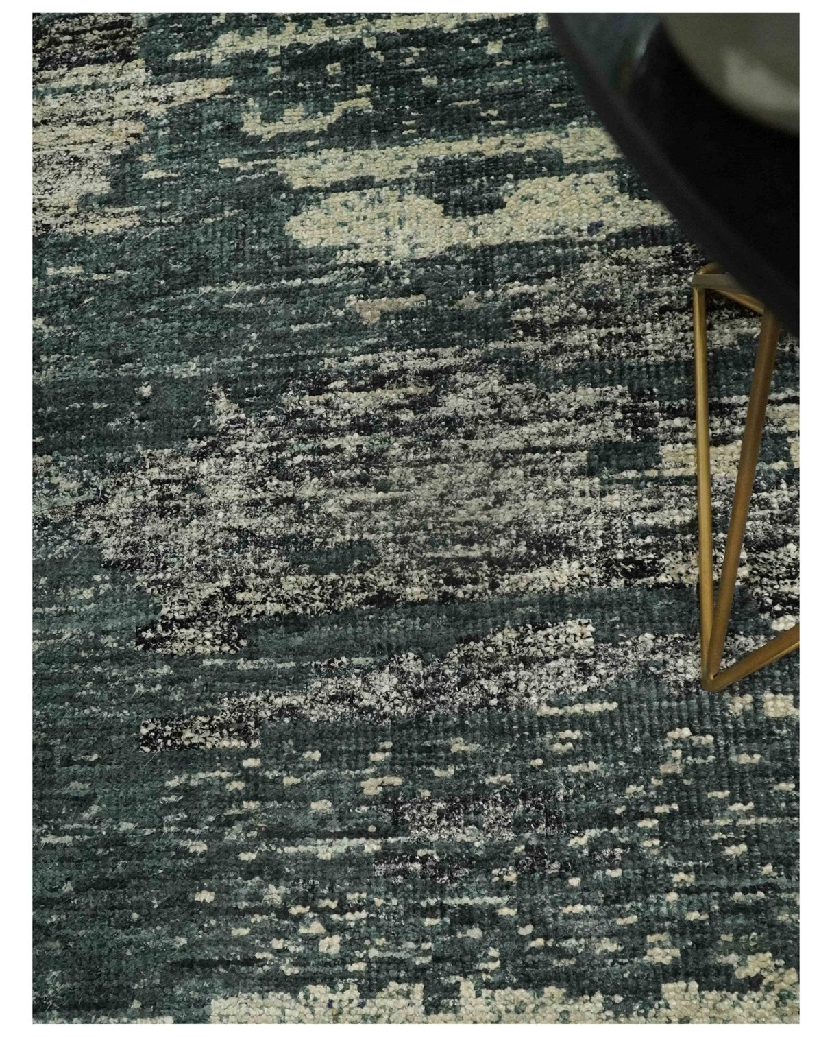 Hand Knotted 5x8 Ivory, moss green and Black Modern Abstract Recycled Silk Area Rug