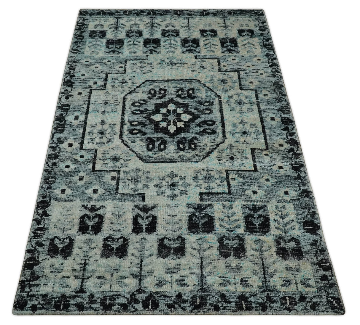 Hand Knotted 5x8 Ivory, Silver and Black Antique Persian Geometric Style Contemporary Bamboo Silk Area Rug | OP110
