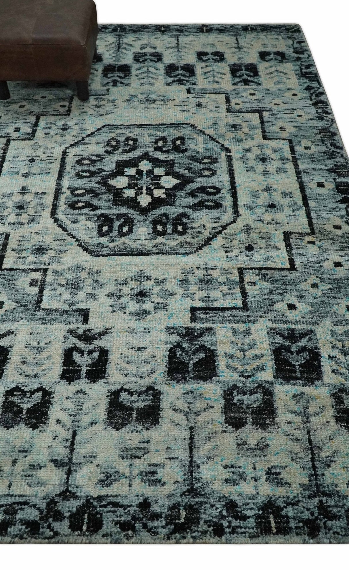 Hand Knotted 5x8 Ivory, Silver and Black Antique Persian Geometric Style Contemporary Bamboo Silk Area Rug | OP110