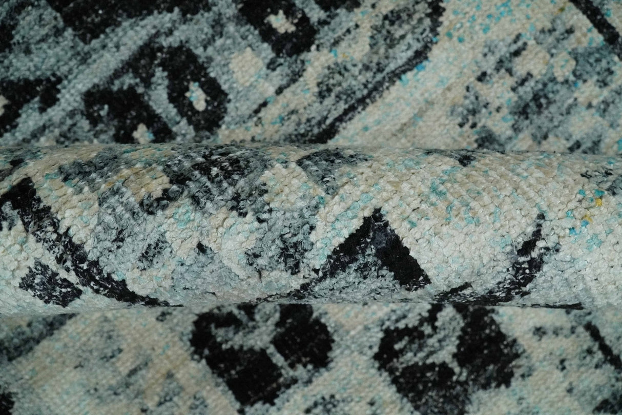 Hand Knotted 5x8 Ivory, Silver and Black Antique Persian Geometric Style Contemporary Bamboo Silk Area Rug | OP110