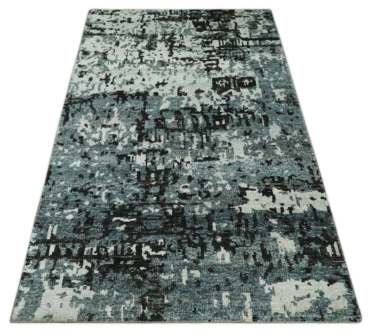 Hand Knotted 5x8 Ivory, Teal and Black Modern Abstract Recycled Silk Area Rug