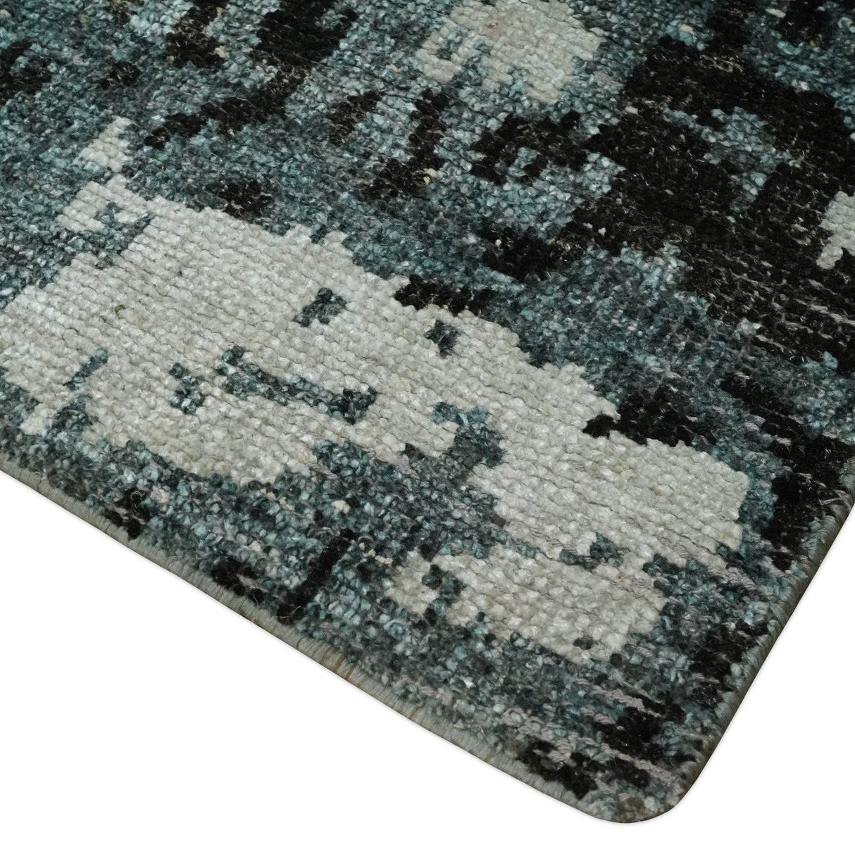 Hand Knotted 5x8 Ivory, Teal and Black Modern Abstract Recycled Silk Area Rug